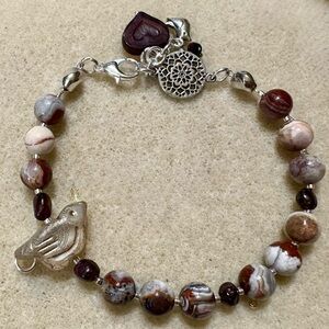 Kitchy Beaded Mexican Agate, garnet nugget Bracelet with Silver Accents